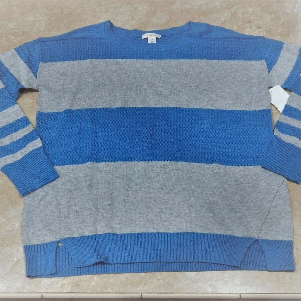 Caslon Gray & Blue Basket Weave Stripe Sweater